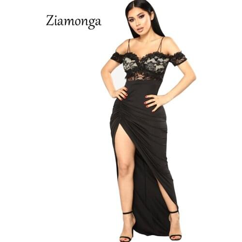 Ziamonga Strap Cold Shoulder Floral Lace Long Dress Women Sexy High Split Strapless Bodycon Dress Evening Party Maxi Dresses