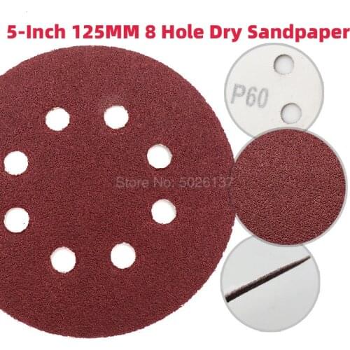 1Pcs 5-Inch 125MM 8 Hole Red Sand Dry Grinding Disc Sandpaper Hook Loop Abrasive Paper Sanding Available Polishing Pads Round