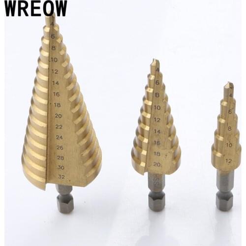 3pcs Titanium Coated Step Drill HSS Metal Hex Shank Taper Point Pagoda Ladder Drill 4-32/4-20/4-12 Wood Drilling Power Tools