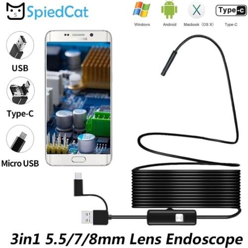 3in1 5.5/7/8mm mini Lens 1/2/3.5/5/10M Soft Camera Android TypecC/USB Waterproof Endoscope Inspection Borescope Pipe Tube Camera