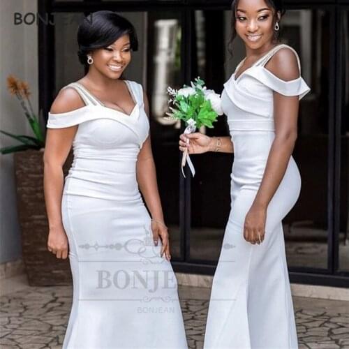 White Bridesmaid Dresses Mermaid 2021 Elastic Satin South African Off-The-Shoulder Floor Length Black Girl Bridesmaid Dress