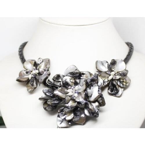 Free Ship Nice Baroque Cultured Pearl Three Shell Flower Floral Necklace Handmade for Women Black Leather Choker Bead Jewelery