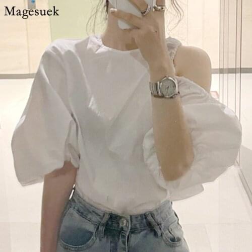 Chic Off Shoulder Blouse Women Summer Vintage Hollow Puff Short Sleeve Woman Shirts O Neck Loose Fashion White Tops New 15577