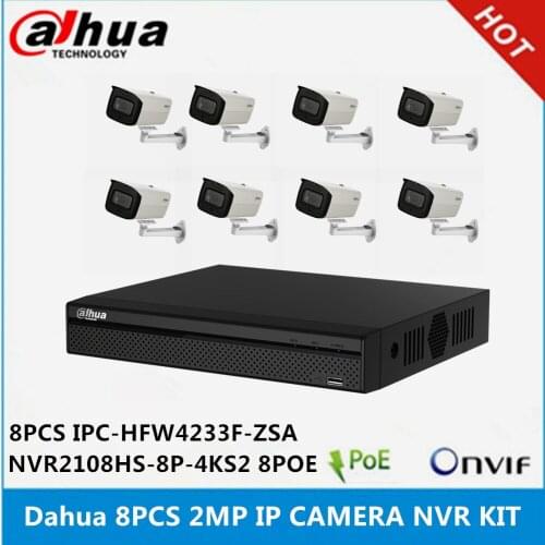 Dahua 8pcs IPC-HFW4233F-ZSA built-in Mic 2.7-13.5mm zoom lens 2MP Camera & NVR2108HS-8P-4KS2 8CH with 8POE Ports NVR support P2P