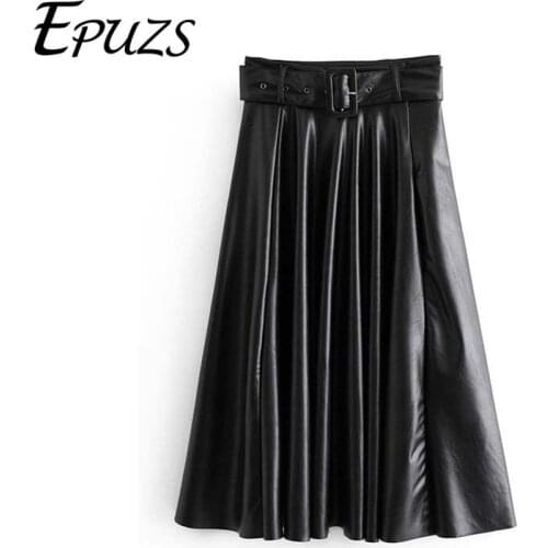 Elegant black PU leather skirts Womens Pleated Skirt Streetwear korean fashion belt high waist long skirt Winter 2019