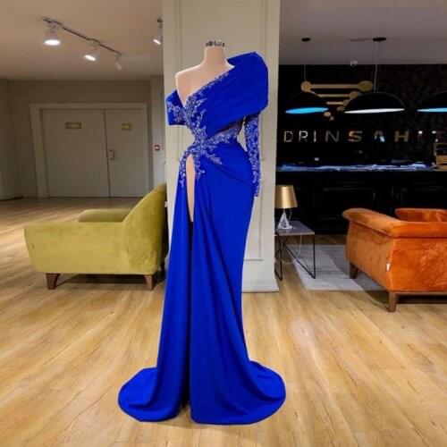 Elegant Royal Blue Evening Gowns Sexy High Slit Off The Shoulder Prom Dresses Appliques Beads Long Sleeve Mermaid Robe De Soiree