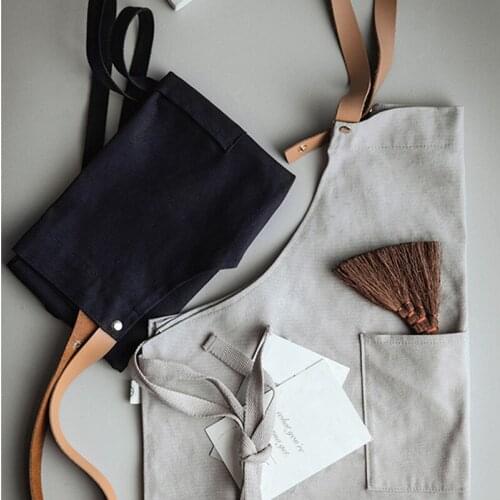 Gray Blue Canvas Apron Leather Cotton Strap Barista Baker Bartender Chef Culinary Uniform Cafe Pastry Restaurant Work wear D76