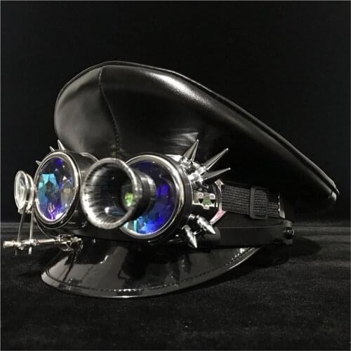 Fashion Leather Black Germany Officer Visor Cap Army Hat Glasses Cortical Military Hat Police Cap Cosplay Hat Size M L XXL