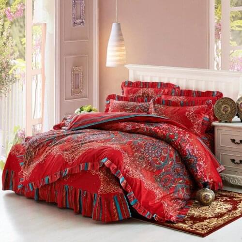 Rich red Bedding Set Bed cover Luxury Bedding Egyptian cotton Bed Set Queen King size bed lace Sheet bed linen Four seasons