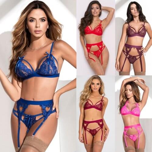 Women Sexy 3 Piece Lingerie Set Babydoll Underwear Lattice-Front Garter Suspender Teddy Sets