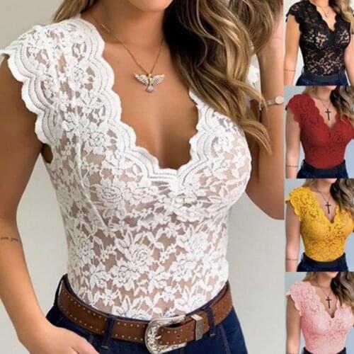 Lace Blouses Shirts Sexy Club Female Acrylic Shirts Deep V Summer Fashon Tops Lace Sexy V Neck Sleeveless Fashon Top