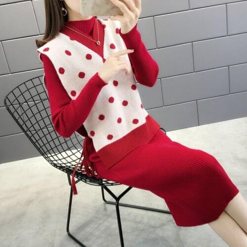 Autumn Winter Womens Knit Suit 2019 Fashion Sweet Sweater Vest+ Knit Dress 2 Piece Set Ladies Elegant Knitted Sweater Suit 1623