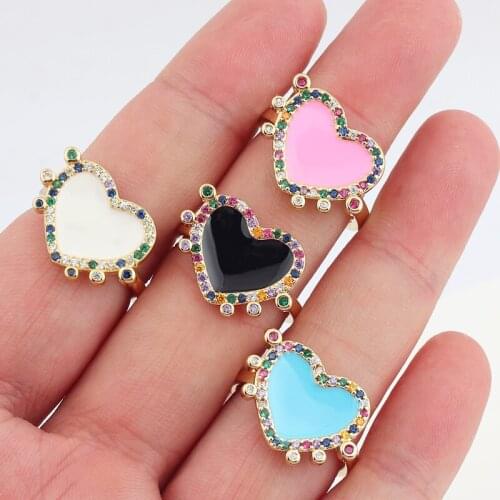 Simple Colorful Heart-Shaped Enamel Ring Female Models Adjustable Size Vintage Metal Love Rainbow CZ Engagement Rings For Women