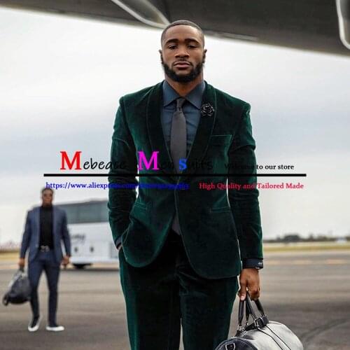 Dark Green Velvet Mens Suit 2 Pieces (Jackets+ Pants) Shawl Lapel Tuxedos Groom Wear Prom Wedding Blazers Masculino Costume