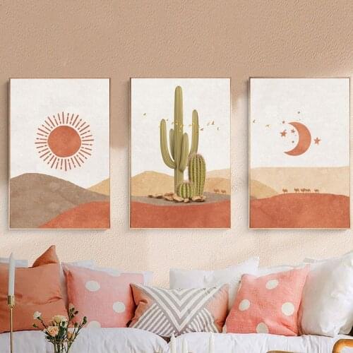 Triptych Abstract Landscape Sun And Moon Scene Boho 5D Diy Diamond Embroidery Cactus Diamond Painting Full Square RoundZP-4745
