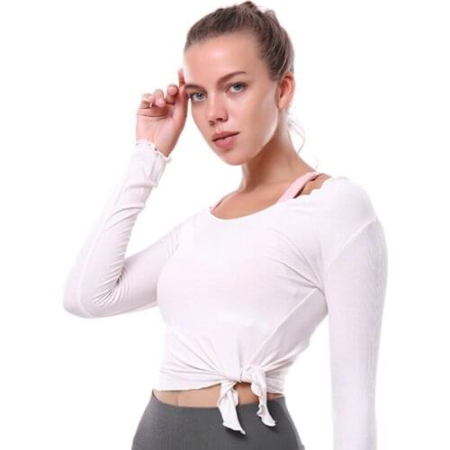 Women Long Sleeve Running Shirts Sexy Exposed Navel Yoga T-shirts Solid Sports Shirts Quick Dry Fitness Gym Crop Tops Sport Wear
