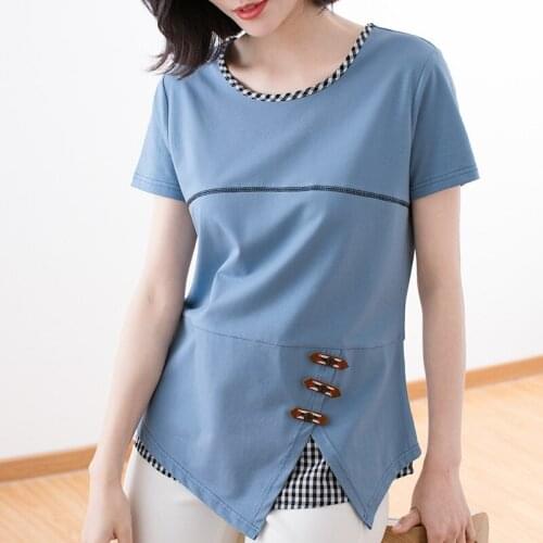 Camisas Mujer 2020 Summer Button Plaid Blouse Patchwork Cotton Short Sleeve Shirt Women Plus Size Woman Clothes Chemisier Femme