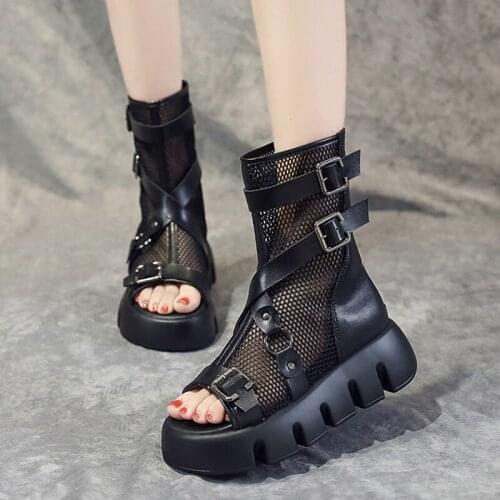 Rimocy Sexy Black Mesh Summer Ankle Boots for Women Peep Toe Platform Sandals New Thick Bottom Metal Buckle Motorcycle Booties
