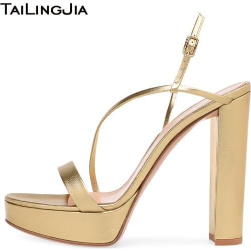 Platform Gold High Heels Women Heeled Black Sandals Woman Platforms Chunky Heels Lady Black Open Toe Strappy Stripper Shoes 2019