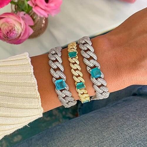 14mm Iced Out Bling 3 Row CZ Bracelet Silver Color Cuban Chain Big Green CZ Stone Charm Bracelet For Women Hip Hop Rock Jewelry