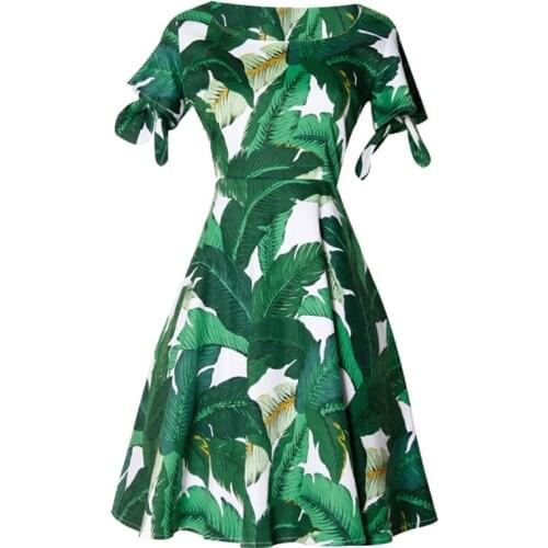 Customize Women Summer Fashion Casual Plus 3XS-10XL Retro Vintage O Neck Short Sleeve Green Leaf Print Knee Length A Line Dress