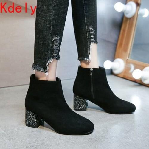 Winter Women Ankle Boots Bling High Heels Shoes Seude Fashion Comfort Shoe Woman Pumps Zipper Thin Plush Party Wedding Autumn