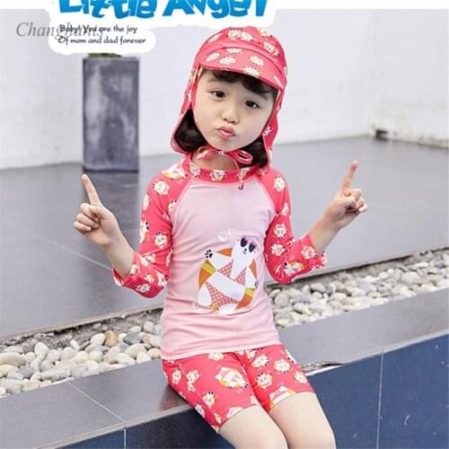1-9 Y Girls Two Piece Swimwear Pink Patchwork Bears Print Kids Long Sleeve Rash Guard with Sunny Hat Children Swimsuit