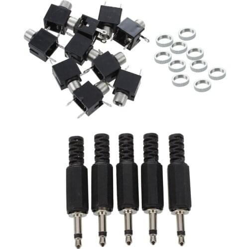 10 Pcs Panel PCB Female 3.5mm Headphone Jack Audio Connectors & 5pcs Black Plastic 3.5mm Male Mono Plug Jack