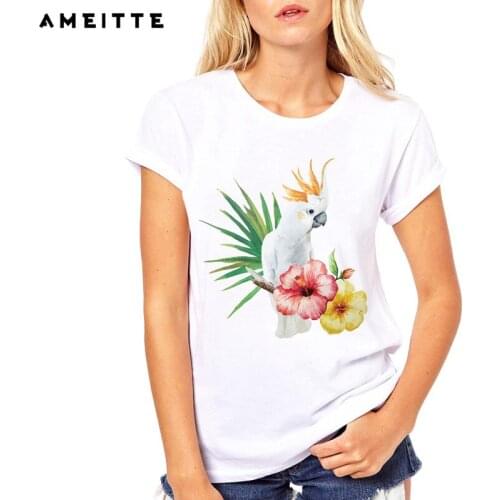 Cute White Cockatoo And Watercolor Palm leaves Print T-Shirt Fashion Women All-match White Tee Shirt Cute Bird Lovers Girl Tee