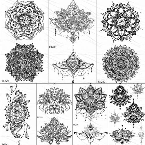 OMMGO Black Henna Arm Tattoo Mandala Flower Temporary Tattoos For Women Female Girls Sticker Fake Tattoo Mehndi Custom Tatoos