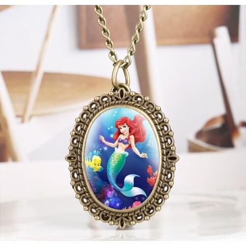 Fashion Antique Coat Sweater Chain Jewelry Alloy Mermaid Pendant Long Chain Necklace Quartz Pocket Watch Gifts for Kids Girls