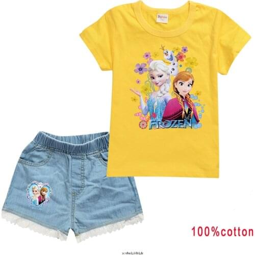 Frozen Anime Girls T Shirt with Denim Shorts Suit Printed Clothing Cotton Short Sleeve Kids Clothes for Child Birthday Gifts