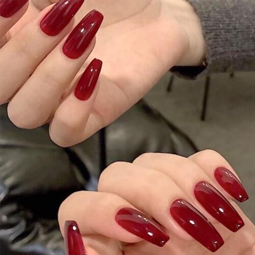 24pcs coffin nail tips Jelly red Ballet wear removable Manicure patch wearable full cover fake nail tips for girls