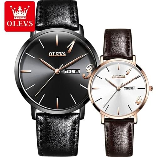 OLEVS 2021 New Ladies Fashion Casual Waterproof Breathable Leather Quartz Watches Alloy Case Mens And Women Watch Couple