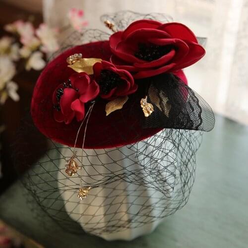 Original Design Claret Wedding Veil Hats With Rhinestone And Flower Decoration Wedding Party Small Bridal Hats Photo Accessories