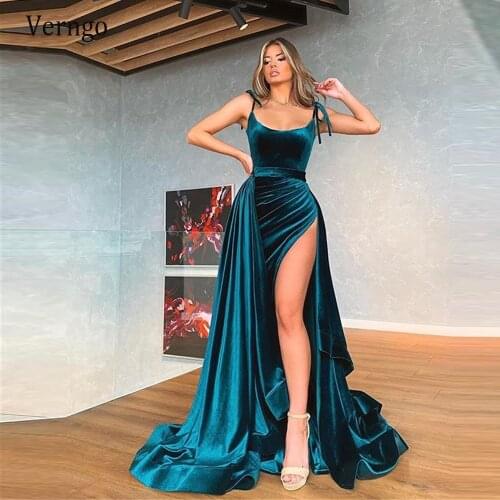 Verngo 2021 Hunter Velour Long Evening Dresses With Detachable Train Spaghetti Straps High Side Slit Formal Party Simple Gowns
