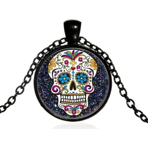 HipHop Funny Colorful Skull Head Round Glass Pendent Necklace Halloween Grimace Necklace for Women Men Girls Kids Neck Jewelry