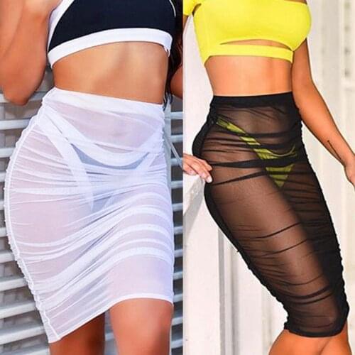 New Fashion Womens Summer Mesh Skirts Sexy See Through Beach Skirts Fashion Chiffon Sundress Skirt