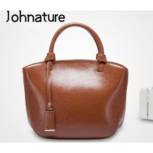 Johnature Fashion Handbag 2021 New Women Leather Tote Bag Leisure Large Capacity Versatile Solid Color Cowhide Shoulder Bags