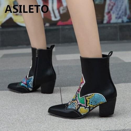 ASILETO Women Ankle Boots Pointed Toe Square Heels 5.5cm Patchwork Snake-Skin Breathable Zip Colorful Big Size 34-48 B2154