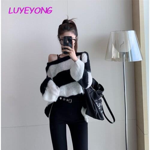 Korean Fashion Clothes Autumn Yellow White Black Striped Women Full Sleeve Harajuku Sweaters Gothic Lady Loose Pullover Sweater