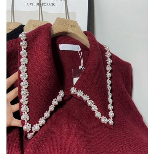 Big Beading collar Vintage Sweater Women long sleeve Pearl Collar knitted Pullovers