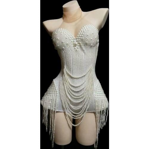 White Pearls Beading Bodysuit Jazz Dance Costume Evening Stage Nightclub Bar Show Wear Prom Birthday Outfit Women Singer Clothes