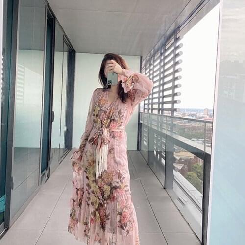 Printed pink madi Floral dress women vintage autumn spring button up sexy v-neck vacation boho beach party dresses vestidos robe