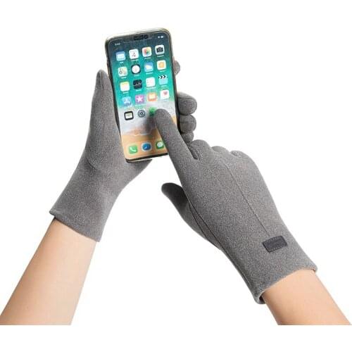 Winter Women Warm Letter Square Mark Embroidery Touch Screen Driving Mitten Suede Leather Full Finger Sport Cycling Glove I98