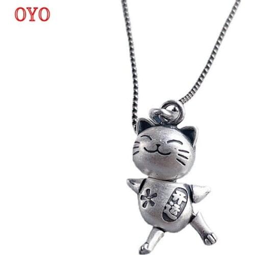 100% 925 sterling silver beckoning cat movable hands and feet playful good luck cat necklace pendant