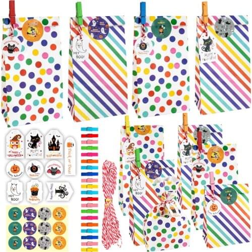 20Sets Rainbow Stripe Dot Gift Bags Halloween Theme Party Favor Bag Trick or Treat Pumpkin Ghost Candy Bag Wrapping Supplies
