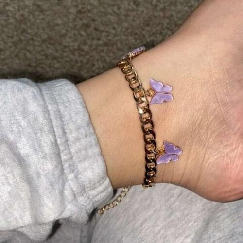 Resin Butterfly Anklets For Women Stainless Steel Cuban Chain Ankle Bracelet Boho Foot Leg Bracelets Beach Accessories