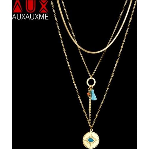 Auxauxme Three-Layer Demon Eye Pendant Tassel Stainless Steel Blade Chain Necklace For Women Gold Necklace Drop Shipping