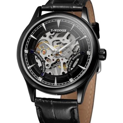 WINNER WATCH Fashion trend mens watch hollow design black dial and case black strap automatic mechanical watch festival gifts
